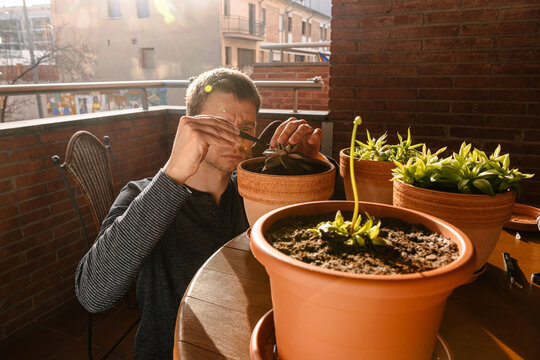 Hombre cauc&aacute;sico joven en la terraza de su casa cuidando sus plantas agachado y concentrado con varias macetas encima de la mesa 