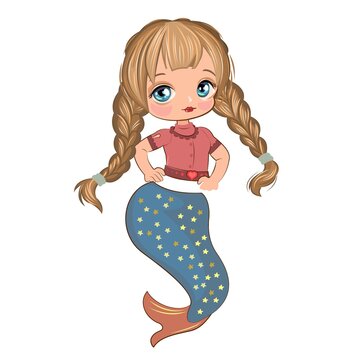 Little mermaid girl in beautiful clothes. Flirts. Handsome fashionable child. The isolated object on a white background. Vector illustration