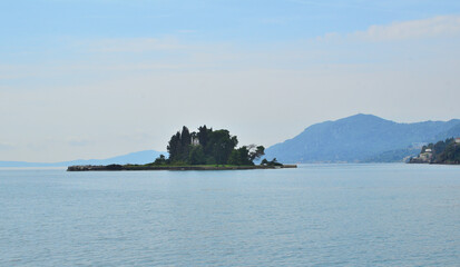 View of Pontikonisi Monastery near Kerkyra on Island of Corfu Greece