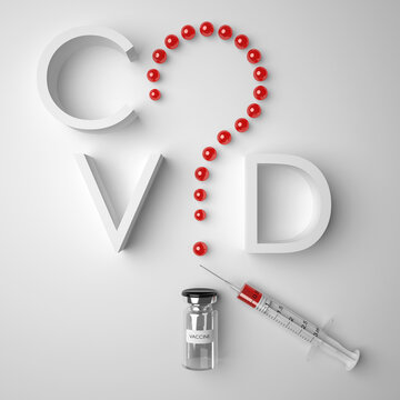 A Question Mark Made Of Vaccine Drops And Inscribed In The Word COVID. Antiviral Vaccination: Issues, Doubts And Hesitations, Risks And Problems. 3D Render Medical Background.