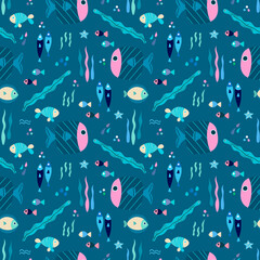 Seamless vector pattern with colorful tropical sea fish and octopus in a Scandinavian style on a blue background. Children's vector illustration for pajamas, fabrics, postcards, packaging.