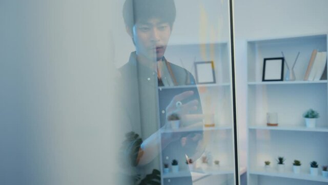 Asia businesspeople stand behind transparent glass wall listen manager pointing progress work and brainstorm meeting and worker post sticky note on wall., Business inspiration, Share business ideas.