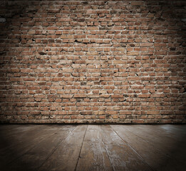 Empty Old Brick Wall Texture with wooden floor, Grungy wooden floor and old brick wall texture grunge background, Abstract Web Banner. Copy Space.
