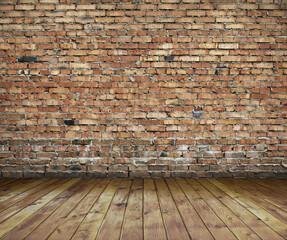 Empty Old Brick Wall Texture with wooden floor, Grungy wooden floor and old brick wall texture grunge background, Abstract Web Banner. Copy Space.