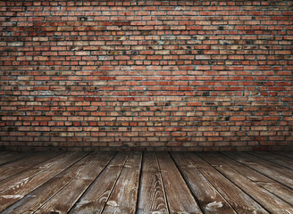 Empty Old Brick Wall Texture with wooden floor, Grungy wooden floor and old brick wall texture grunge background, Abstract Web Banner. Copy Space.