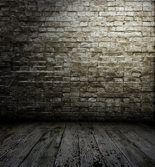 Empty Old Brick Wall Texture with wooden floor, Grungy wooden floor and old brick wall texture grunge background, Abstract Web Banner. Copy Space.