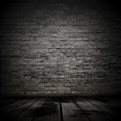 Empty Old Brick Wall Texture with wooden floor, Grungy wooden floor and old brick wall texture grunge background, Abstract Web Banner. Copy Space.