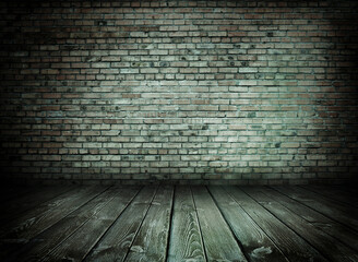 Empty Old Brick Wall Texture with wooden floor, Grungy wooden floor and old brick wall texture grunge background, Abstract Web Banner. Copy Space.