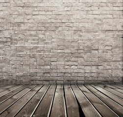 Empty Old Brick Wall Texture with wooden floor, Grungy wooden floor and old brick wall texture grunge background, Abstract Web Banner. Copy Space.
