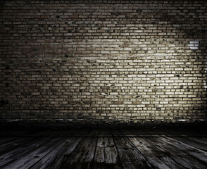Empty Old Brick Wall Texture with wooden floor, Grungy wooden floor and old brick wall texture grunge background, Abstract Web Banner. Copy Space.