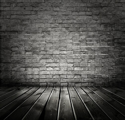 Empty Old Brick Wall Texture with wooden floor, Grungy wooden floor and old brick wall texture grunge background, Abstract Web Banner. Copy Space.