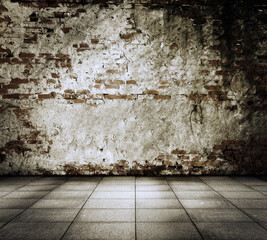 Empty Old Brick Wall Texture. Painted Distressed Wall Surface. Grungy Wide Brick wall. old wall texture grunge background, Abstract Web Banner. Copy Space.