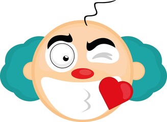 Vector illustration emoticon face of a clown with an expression of love and joy, with a wink in his eye and giving a heart-shaped kiss