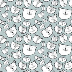Cute bears seamless pattern.. Background with Teddy bear in doodle sketchy style. Vector illustration with funny wild animals in line art artistic style. Design for surfaces, textile, wrapping paper - 421096501