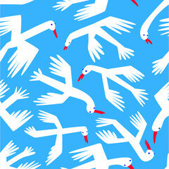 Doodle birds seamless pattern .Background with flying isolated ducks characters. Vector illustration in funny sketchy style for surface design, wrapping paper, fabric and textile - 421096539