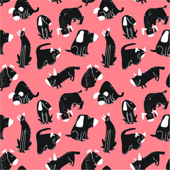 Cute dogs seamless pattern. Background with pets character in doodle simple style. Vector illustration for fabric, textile, wrapping, other surfaces - 421096724