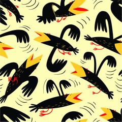 Funny birds seamless pattern.Background with flying isolated crown characters. Vector illustration in cartoon style for surface design, wrapping paper, fabric and textile - 421096750