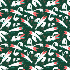 Funny birds seamless pattern.Background with flying isolated crown characters. Vector illustration in cartoon style for surface design, wrapping paper, fabric and textile - 421096780