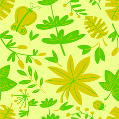 Cute floral seamless pattern. Background with leaves and plants and butterflies. Colorful vector illustration for surface design, textile and fashion prints with bugs and leaves.