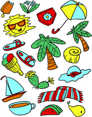 Summer objects set. Beach collection with palms and fruits. Vector illustration in doodle line art style.