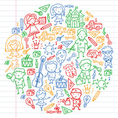 Fototapeta premium School, kindergarten with cute vector children. Creativity and imagination. Dancing, singing, painting, online education.