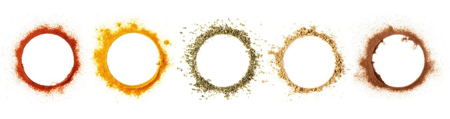 Set red paprika powder, turmeric, oregano, ginger, cinnamon  in shape circle isolated on white background and texture, top view  - obrazy, fototapety, plakaty