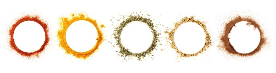Fotobehang Set red paprika powder, turmeric, oregano, ginger, cinnamon  in shape circle isolated on white background and texture, top view  © dule964