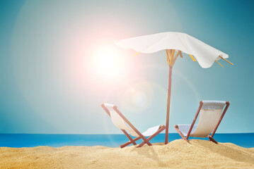 Beach umbrellas and sunbeds on the sand. Stylized cardboard beach. Paper umbrellas for cocktails in the background. The concept of rest, sea and vacation. Artificial wooden deck chairs.