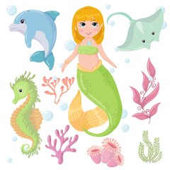 Fototapeta na wymiar Cute cartoon mermaid with Red Hair and Green tail. Marine animals and algae. A magical creature. Vector illustration isolated on white background.
