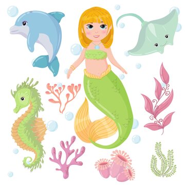 Cute cartoon mermaid with Red Hair and Green tail. Marine animals and algae. A magical creature. Vector illustration isolated on white background.