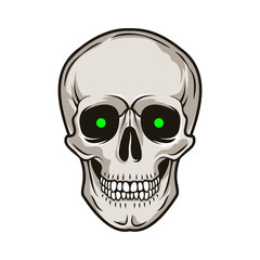 Human skull with green eyes. Front view. Vector hand drawn illustration isolated on white background