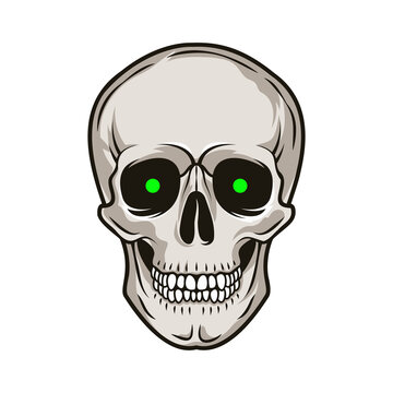 Human skull with green eyes. Front view. Vector hand drawn illustration isolated on white background