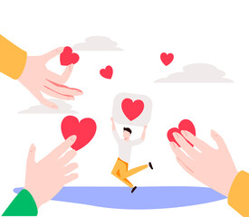 Generosity as donation support sharing tiny person concept. Heart love as help and assistance symbol for humanity organization or social funding project vector illustration. Charity volunteer campaign