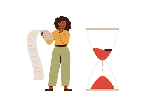 African American businesswoman looks at the hourglasses with fear and anxiety. Stressful black female has no time to do her work or project. Deadline or bad time management concept.Vector illustration