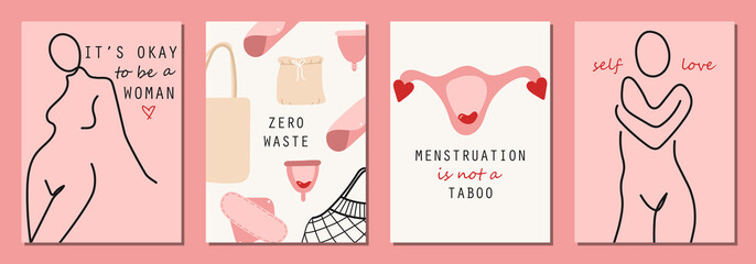 Set of hand drawn elements of women menstruation period theme, feminine hygiene products as pads, menstrual cups, etc.