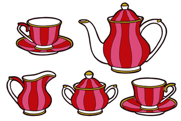 Hand drawing tea set. Teapot, milk jug, sugar bowl, cups and saucers. Red design. Striped crockery. 