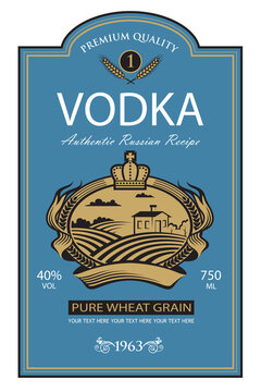 template vodka label with royal crown, field and ears of wheat in retro style