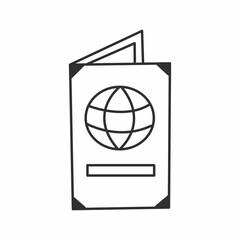 International passport in simple black and white doodle style isolated on white background. Vector hand drawn doodle illustration.