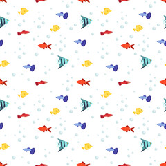 Bright seamless marine pattern with fish and bubbles