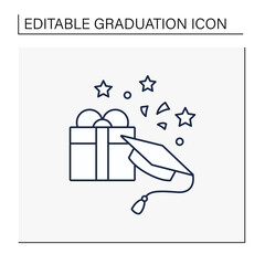 Graduation gift line icon.Gift on graduation occasion. Pleasant presents. Special surprise. Graduate cap.Graduation concept.Isolated vector illustration.Editable stroke