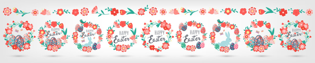 Easter decorative hand drawn cute wreaths with eggs, flowers, leaves, bunny, butterfly, bird, text. Lettering Happy Easter. Spring floral colorful vector collection. Abstract doodle set illustration