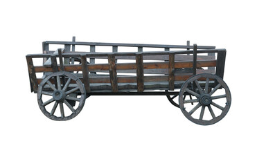 Old decrepit horse-drawn carriage, made of wood, on a white background in isolation