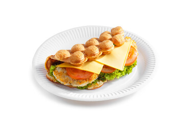Bubble waffle with cheese, fried chicken, tomato and salad