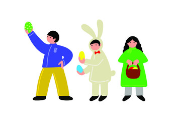 Easter children with in traditional costumes. Vector illustration of egg hunting with kids. Funny hand drawn characters postcard.