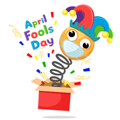 A smiley in a medical mask jumps out of a box. April Fools Day