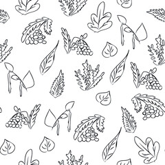 Fototapeta premium Autumn leaves seamless pattern. leaf fall, mountain ash, birch. black and white drawing. outline, sketch, doodle. print for fabric, design of curtains, bed linen. Background, wallpaper. Cover design. 