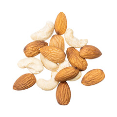 cashew and almond nuts isolated on white background. nuts variation cut out