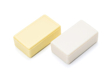 yellow and white soap bars isolated on white background. antibacterial soap bricks cut out