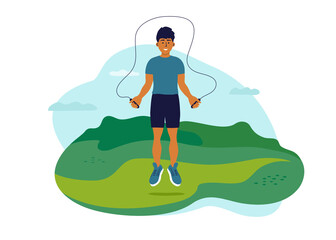 Outdoor physical activity on fresh air. Young man jumping in park with jump ropes. Guy training on nature. Fitness workout, sport exercise. Active male leisure, healthy lifestyle vector illustration