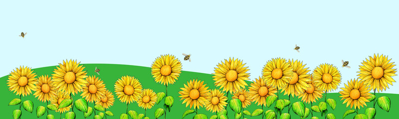 Ilustración de girasoles y abejas con fondo de campo de césped y cielo azul. Primavera.